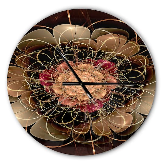 Designart 'Dark Gold Red Fractal Flower Pattern Modern Wall Clock